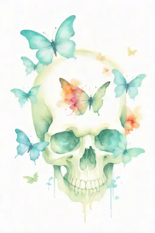 skull and butterflies representing addiction struggles  tattoo design idea