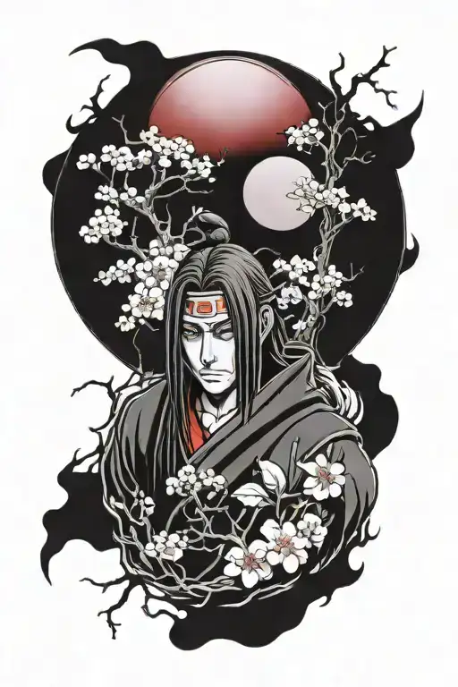 itachi uchiha with red moon shaped uchiha crest behind him and blossom trees tattoo design idea