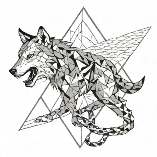 A geometric design incorporating a wolf, snake, lightning bolt, and money symbols, reflecting the interconnectedness of the client's interests tattoo design idea