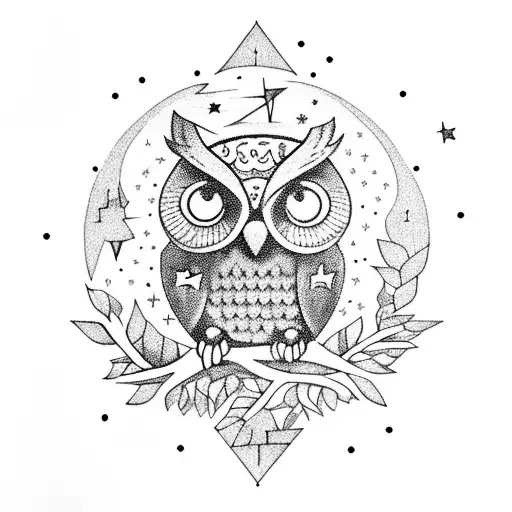 owl on a tree in a lightning storm. with a full moon and the stars in the night sky are aligned in the Gemini constellat tattoo design idea