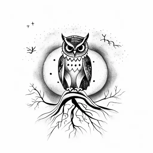 owl on a tree in a lightning storm. with a full moon and the stars in the night sky are aligned in the Gemini constellat tattoo design idea