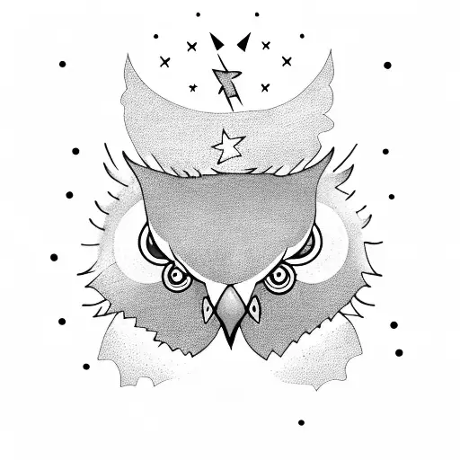 owl on a tree in a lightning storm. with a full moon and the stars in the night sky are aligned in the Gemini constellat tattoo design idea