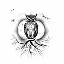 owl on a tree in a lightning storm. with a full moon and the stars in the night sky are aligned in the Gemini constellat tattoo design idea