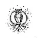 owl on a tree in a lightning storm. with a full moon and the stars in the night sky are aligned in the Gemini constellat tattoo design idea