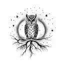 owl on a tree in a lightning storm. with a full moon and the stars in the night sky are aligned in the Gemini constellat tattoo design idea