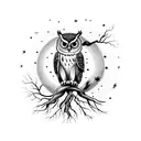 owl on a tree in a lightning storm. with a full moon and the stars in the night sky are aligned in the Gemini constellat tattoo design idea