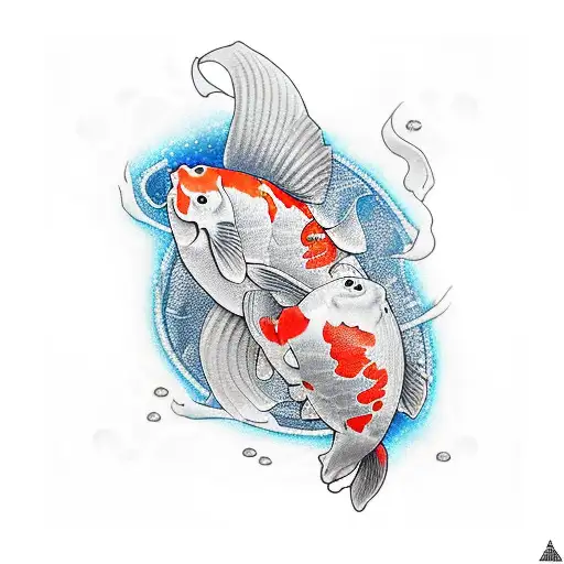 koi carp swimming around cross with skulls at base of the cross tattoo design idea