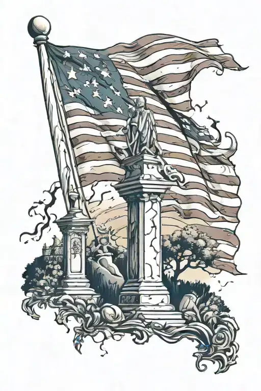 Torn American flag with cemetery scene tattoo design idea