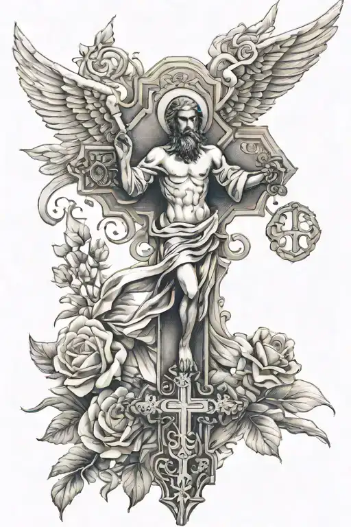 orthodox cross and angel falling tattoo design idea