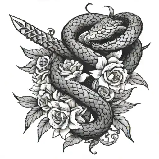 A snake coiled around a sword, with flowers blooming from its scales, representing power and beauty intertwined tattoo design idea