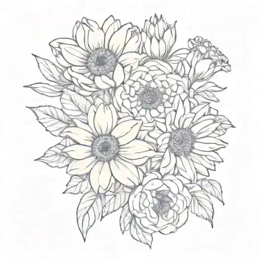 floral bouquet, Gerber daisy, sunflower, peony flowers tattoo design idea