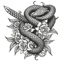 A snake coiled around a sword, with flowers blooming from its scales, representing power and beauty intertwined tattoo design idea