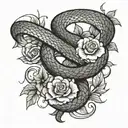 A snake coiled around a sword, with flowers blooming from its scales, representing power and beauty intertwined tattoo design idea