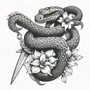 A snake coiled around a sword, with flowers blooming from its scales, representing power and beauty intertwined tattoo design idea
