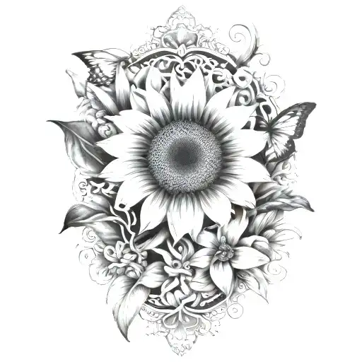 sunflower, butterfly, lily, Mandela design with elements tattoo design idea