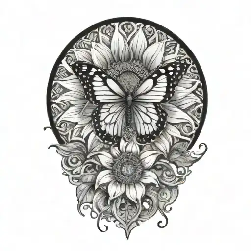 sunflower, butterfly, lily, Mandela design with elements tattoo design idea
