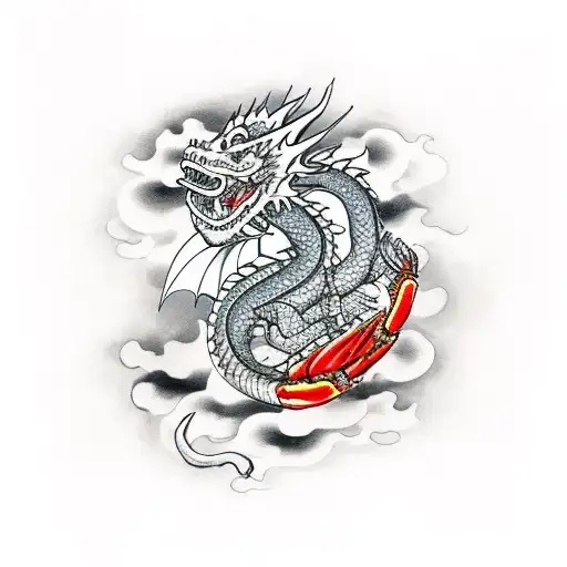 dragon with crab claws, fire in the background tattoo design idea