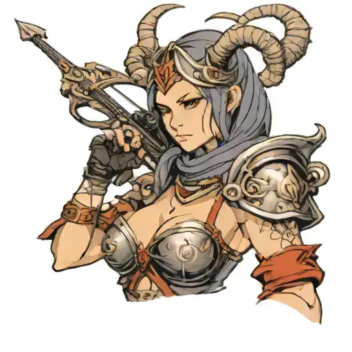 female dark souls character with horns holding a crossbow tattoo design idea