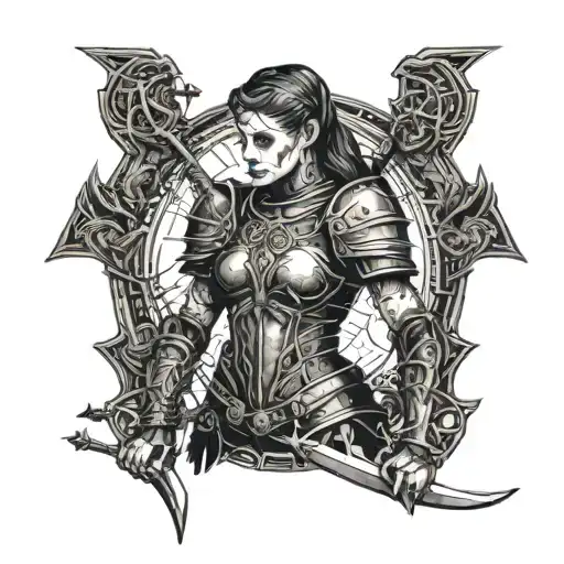 female archer wearing armor tattoo design idea