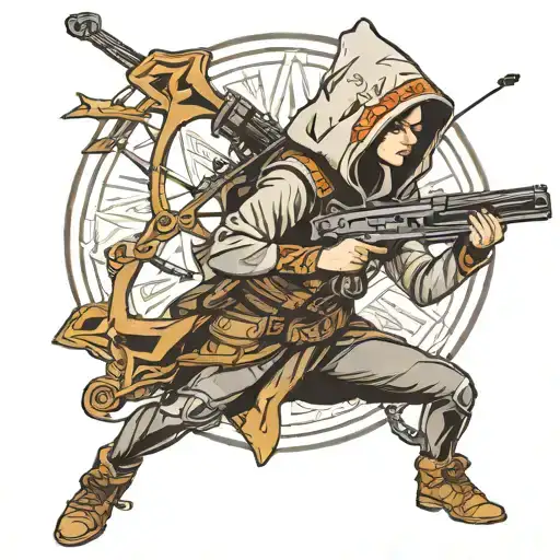 female with crossbow wearing a hood tattoo design idea