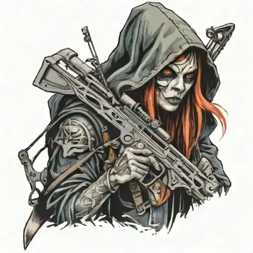 female with crossbow wearing a hood tattoo design idea
