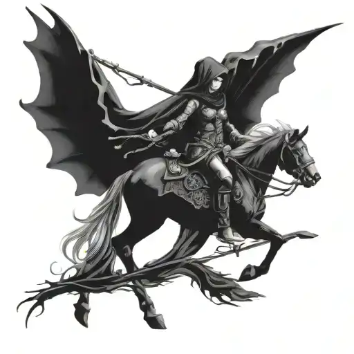 female riding a horse with crossbow wearing a hood tattoo design idea