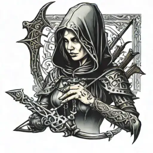 female with crossbow wearing a hood tattoo design idea