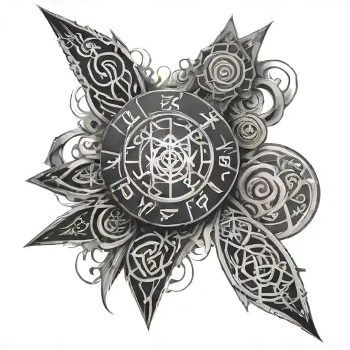 Black sleeve with white ink norse runes and symbols tattoo design idea