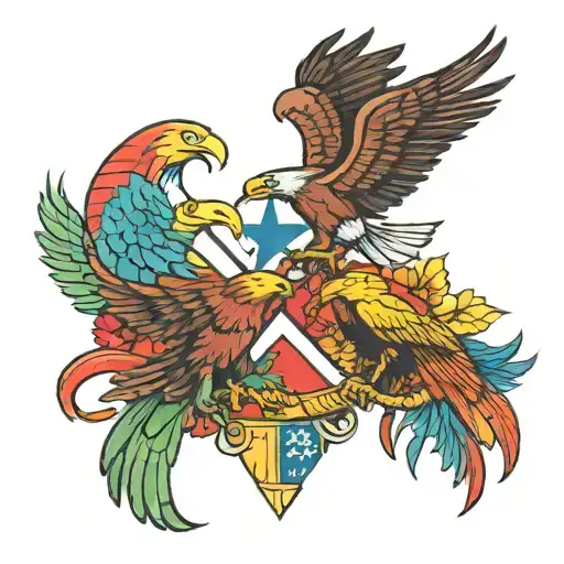 eagle and quetzal fighting over flags  tattoo design idea