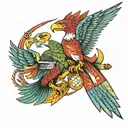 eagle and quetzal fighting over flags  tattoo design idea