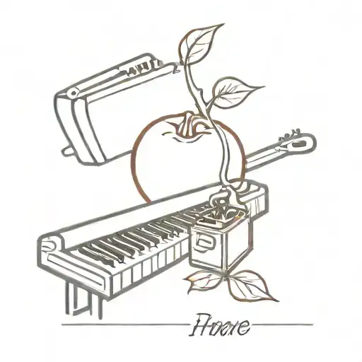 Piano, kitchen knife, camera, pomegranate tattoo design idea