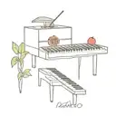 Piano, kitchen knife, camera, pomegranate tattoo design idea