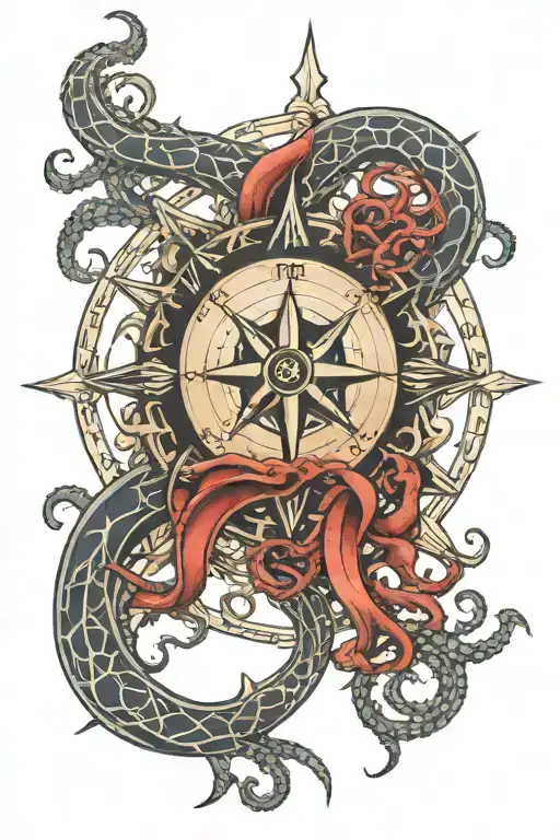 Nautical tentacles wrapping around an intricate compass rose. tattoo design idea
