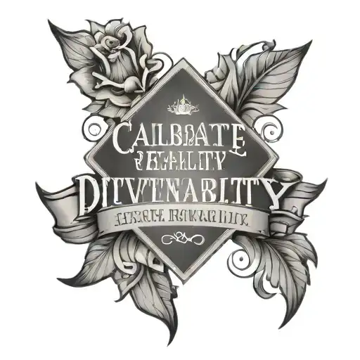 banner script that says "Calibrate reality. Seek Inevitability. Embody Divinity" tattoo design idea