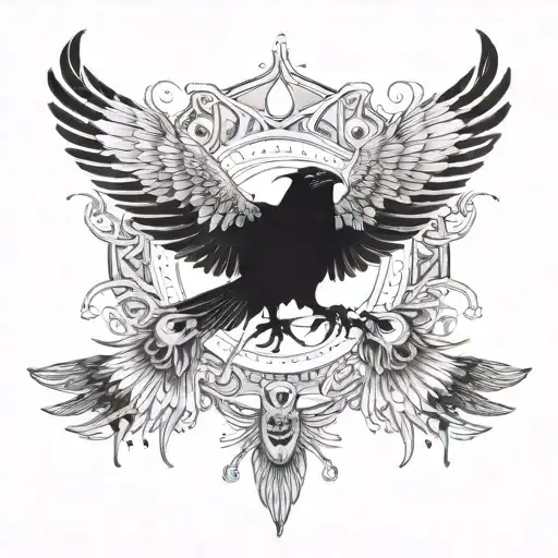 A detailed illustration of a mystical creature with six-eyed crows flying around it tattoo design idea