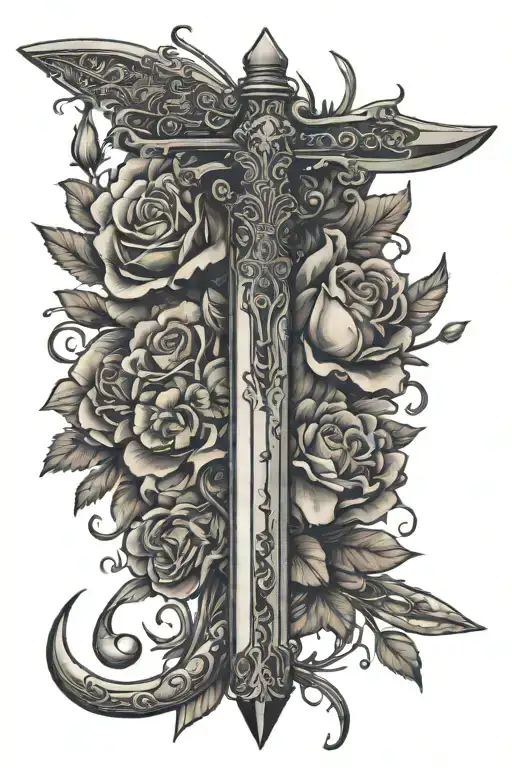 broken longsword with flowers wrapped tattoo design idea