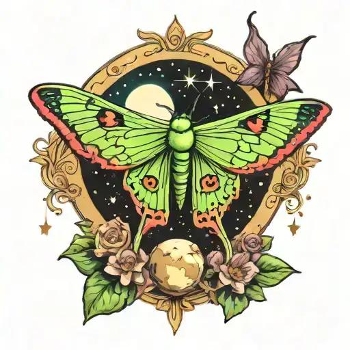 luna moth with moon phases shooting stars galaxy tattoo design idea