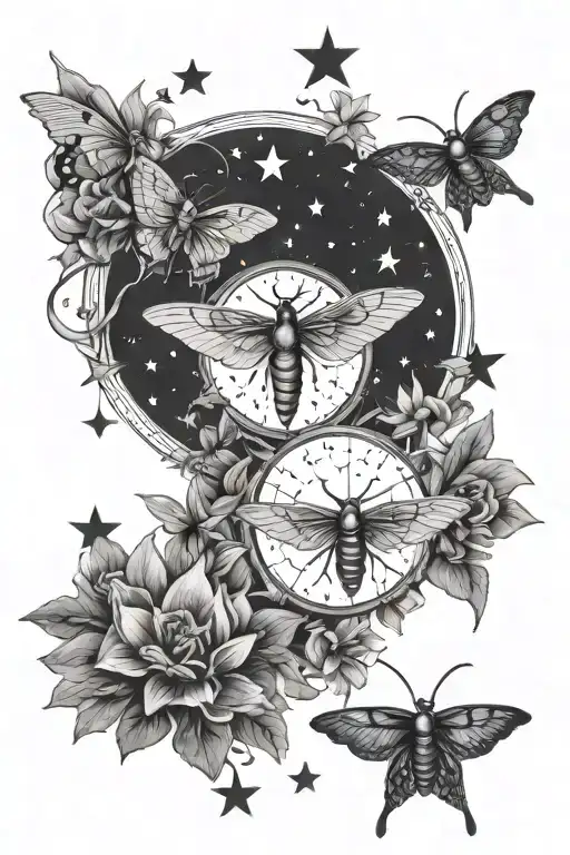 moon moths shooting stars pentacle filagry tattoo design idea
