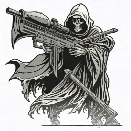 A Grim Reaper stands tall, holding a Barrett M82 sniper rifle in their hands. The image is black and white, with no back tattoo design idea