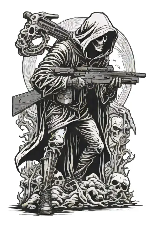 A Grim Reaper stands tall, holding a Barrett M82 sniper rifle in their hands. The image is black and white, with no back tattoo design idea