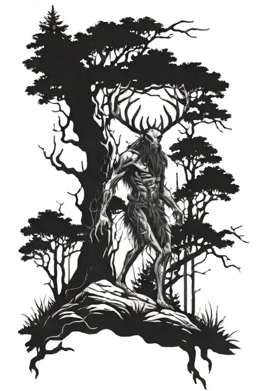 wendigo roaming in a forest tattoo design idea