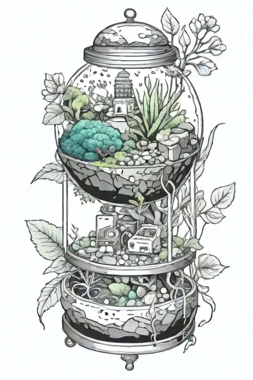 A terrarium filled with electronic gadgets and geode rocks, symbolizing the fusion of nature and technology tattoo design idea