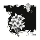 Intricate design featuring elements of the phrase "slave to silicon". Circuity flowing into white balloon flowers. tattoo design idea
