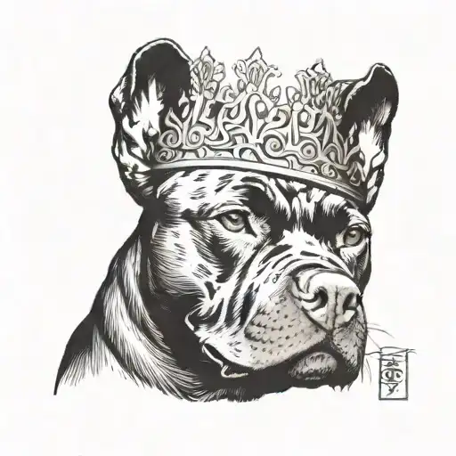 A black Pitbull face, wearing a crown, looking serious  tattoo design idea