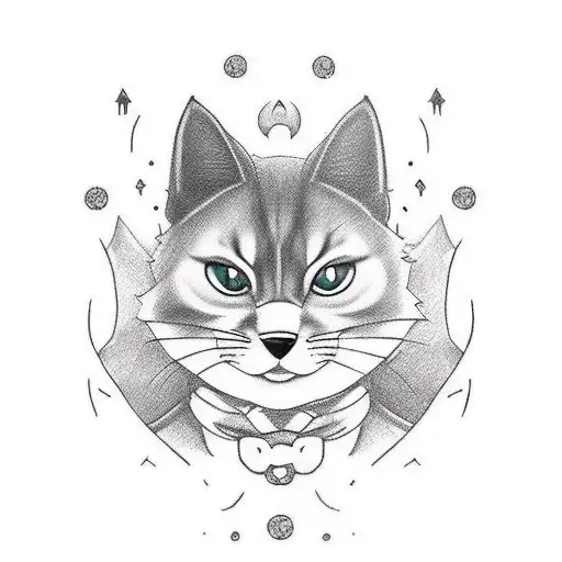 diseño de tatuaje minimalista de un gato junto a un zorro goticos que el diseño sea original y con temática de hallowen  tattoo design idea