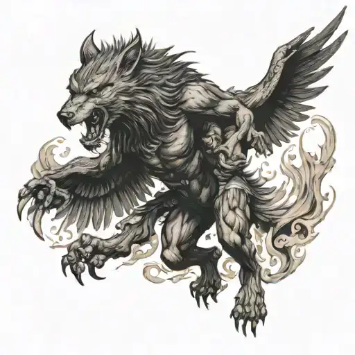 phoenix carrying a werewolf the werewolf is carrying TNT going into battle tattoo design idea