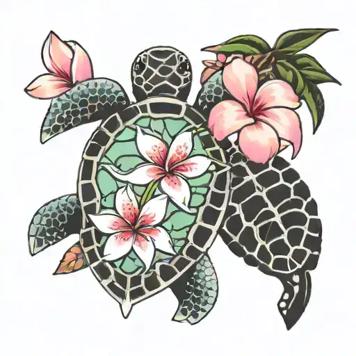 plumeria and sea turtle and pink  cancer ribbon tattoo design idea