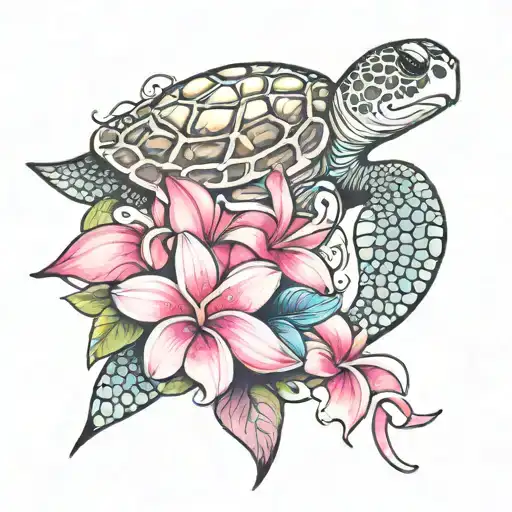 plumeria and sea turtle and pink cancer ribbon tattoo design idea