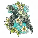 plumeria and sea turtle swimming tattoo design idea