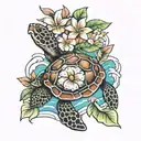 plumeria and sea turtle swimming tattoo design idea